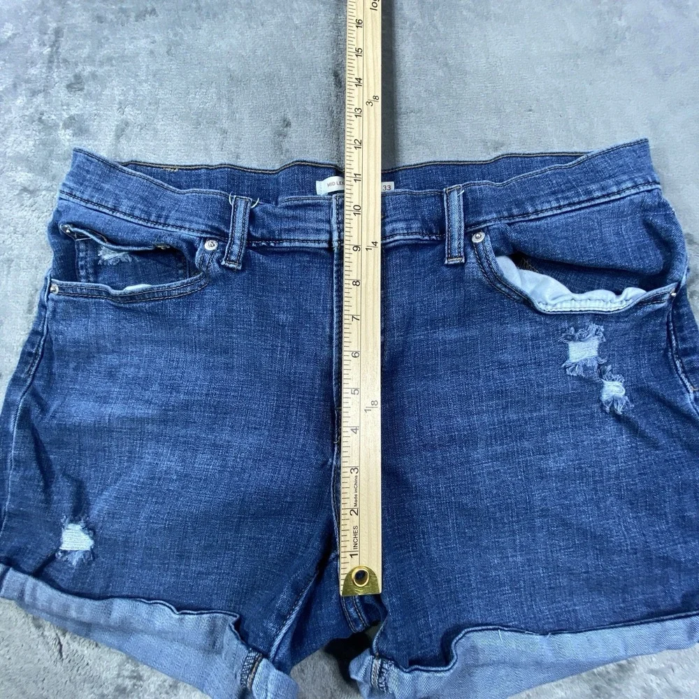 Levi's Mid Length Shorts Womens 33 Blue Zip Fly Whiskers Denim Cuffed Distressed